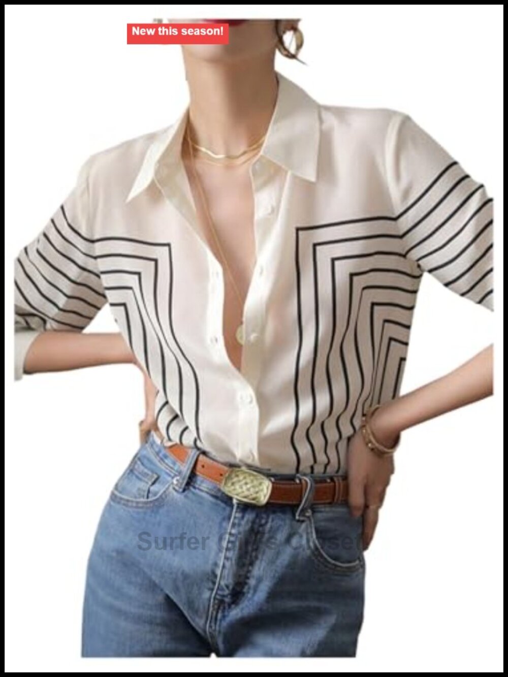 Striped Button Down Blouse Long Sleeve V-Neck Business Casual Top
